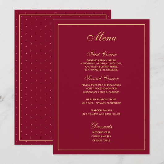 Stilvolle Burgundy Gold Script Wedding Menu Menükarte (Vorne/Hinten)