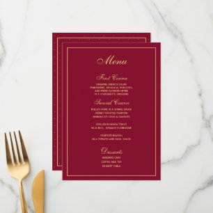Stilvolle Burgundy Gold Script Wedding Menu Menükarte