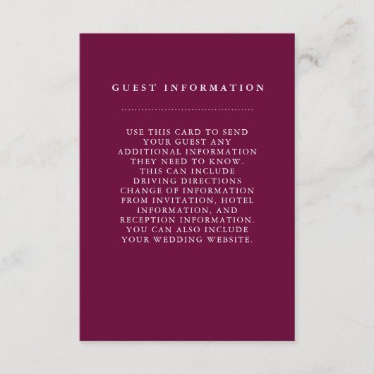 Stilvolle Burgundy Wedding Guest Information Card Begleitkarte (Vorderseite)