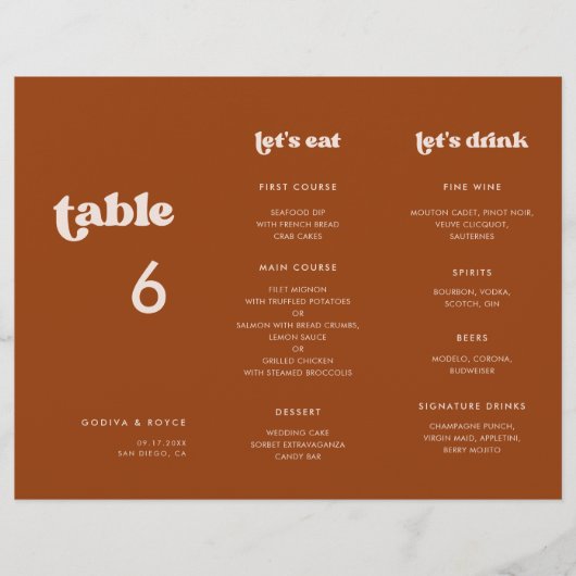 Stilvolle Burnt Orange Menu & Tischnummer dreifach (Vorderseite)