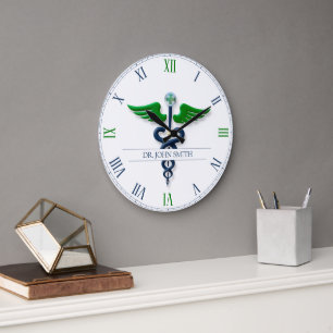 Stilvolle Caduceus Green Wings Cross Blue Medical Große Wanduhr