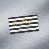 Stilvolle Calligrafy Say Hallo Schwarz-weiße Strei Magnetische Visitenkarte (Beispiel)