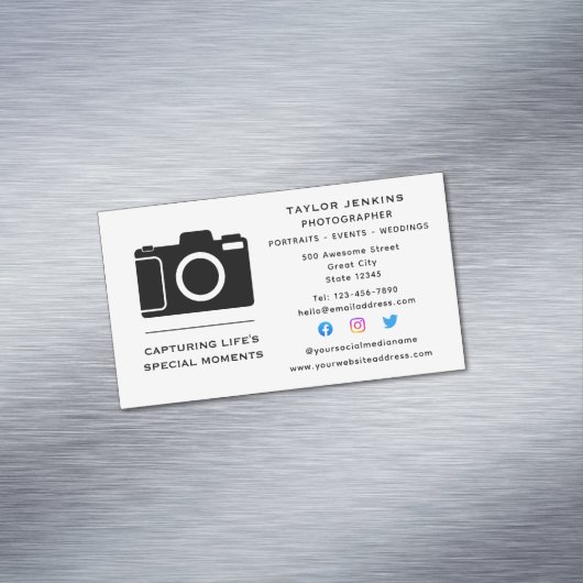 Stilvolle Camera Freelance Fotograf Social Media Magnetische Visitenkarte (Beispiel)