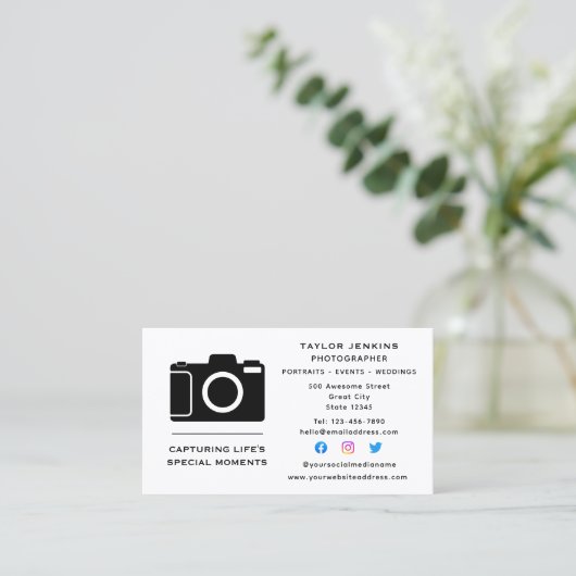 Stilvolle Camera Freelance Fotograf Social Media Visitenkarte (Stehend Vorderseite)