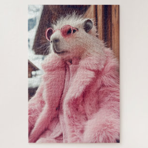 Stilvolle Capybara in rosa Pelzmatte und Sonnenbri Puzzle