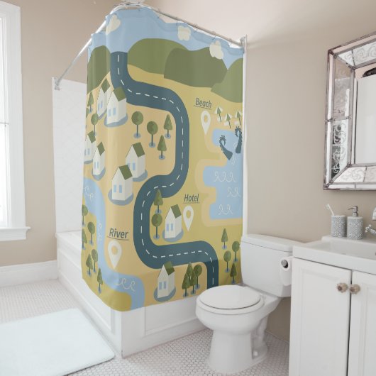 Stilvolle Cartoon Landschaft Reiseplan Duschvorhang (Beispiel)