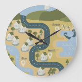 Stilvolle Cartoon Landschaft Reiseplan Große Wanduhr (Vorderseite)