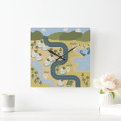 Stilvolle Cartoon Landschaft Reiseplan Quadratische Wanduhr (Zuhause)