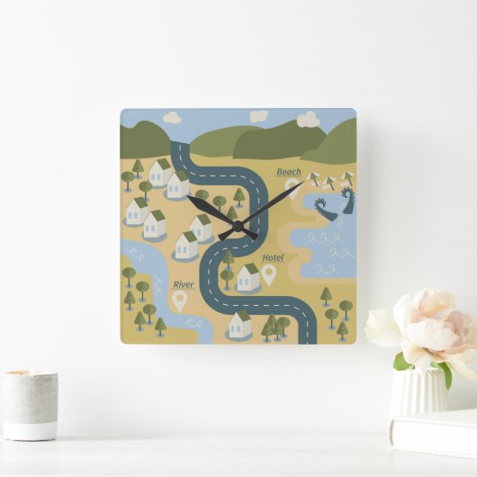 Stilvolle Cartoon Landschaft Reiseplan Quadratische Wanduhr (Zuhause)