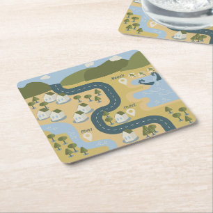 Stilvolle Cartoon Landschaft Reiseplan Rechteckiger Pappuntersetzer