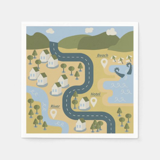 Stilvolle Cartoon Landschaft Reiseplan Serviette (Vorderseite)