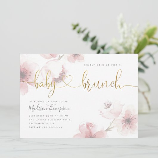 Stilvolle Cherry Blossom Gold Baby Brunch Dusche Einladung (Stehend Vorderseite)