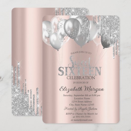Stilvolle Chic Glitzer Tropfen Balloons Einladung (Vorne/Hinten)