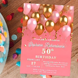 Stilvolle Chic Pink und Gold Balloons 50. Geburtst Einladung