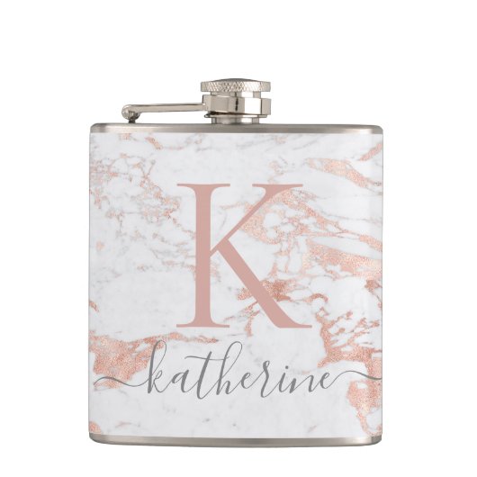 Stilvolle Chic Rose Gold Foil Marmor Monogram Flachmann (Vorderseite)
