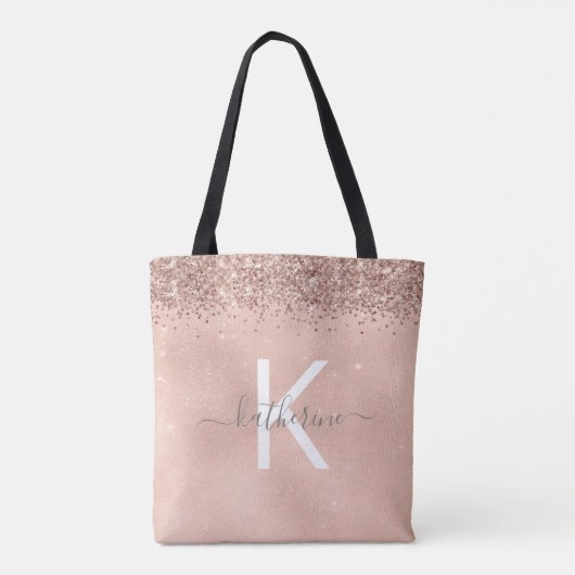 Stilvolle Chic Rose Gold Glitzer Monogram Script Tasche (Rückseite)