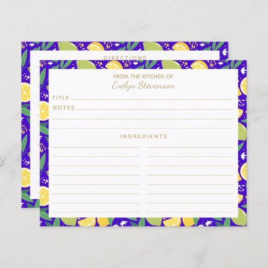 Stilvolle Citrus Lemon Botanical Blue Recipe Card (Vorne/Hinten)