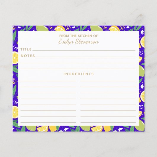 Stilvolle Citrus Lemon Botanical Blue Recipe Card (Vorderseite)