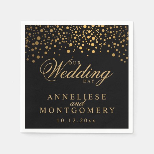 Stilvolle Confetti Gold Dots auf Schwarz - Hochzei Serviette (Vorderseite)