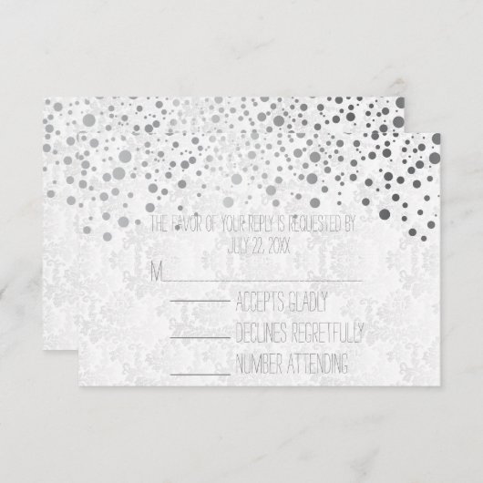 Stilvolle Confetti Silberpunkte | weiß RSVP Karte (Vorne/Hinten)