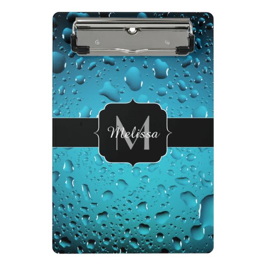 Stilvolle Coole blaue Wassertropfen Monogram Mini Klemmbrett (Vorderseite)