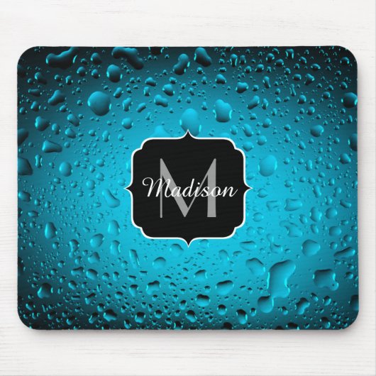 Stilvolle Coole blaue Wassertropfen Monogram Mousepad (Vorne)