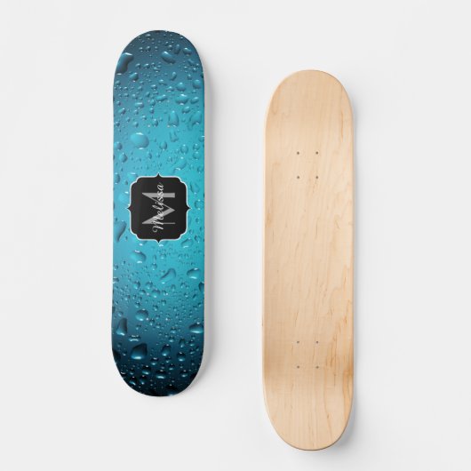 Stilvolle Coole blaue Wassertropfen Monogram Skateboard (Vorderseite)