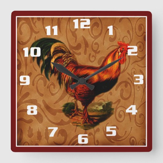 Stilvolle Country Rooster Küche Quadratische Wanduhr (Vorderseite)