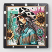 Stilvolle Cowgirl Illustration Floral Western Them Quadratische Wanduhr (Vorderseite)