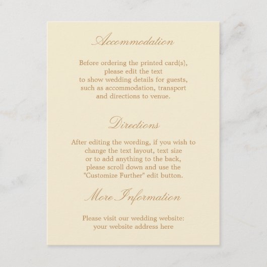 Stilvolle Creme Beige Wedding Details Card Begleitkarte (Vorderseite)