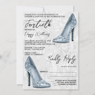 Stilvolle Damask, Blauer Stilettos 40. Geburtstag Einladung