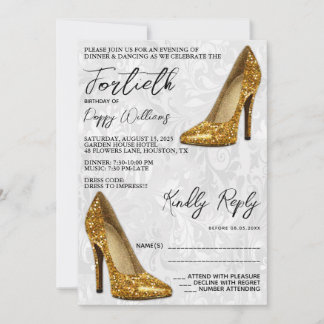 Stilvolle Damask, Gold Stilettos 40. Geburtstag Einladung