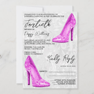 Stilvolle Damask, rosa Stilettos 40. Geburtstag Einladung