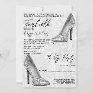 Stilvolle Damask, Silver Stilettos 40. Geburtstag Einladung