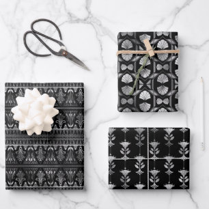Stilvolle Deko-Muster in Schwarz und Silber Geschenkpapier Set