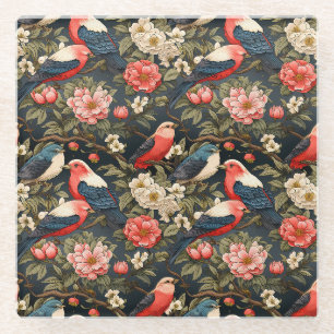 Stilvolle dekorative Vintage-Vögel- und Blumenmust Glasuntersetzer
