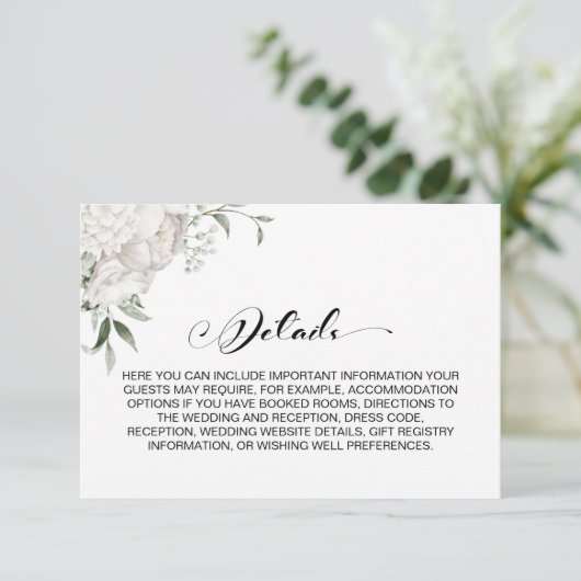 Stilvolle Details zum Hochzeitsfest mit weißer Blü Begleitkarte (Stehend Vorderseite)