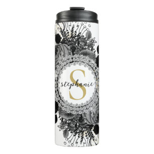 Stilvolle Diamanten Schwarze Goldrosen Monogramm Thermosbecher