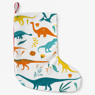 Stilvolle Dinosaurier, Blumenelemente, niedlich. Kleiner Weihnachtsstrumpf