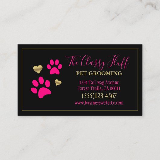 Stilvolle Dog Pet Grooming Paw Print Pink Black Visitenkarte (Vorderseite)