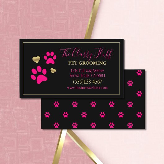 Stilvolle Dog Pet Grooming Paw Print Pink Black Visitenkarte