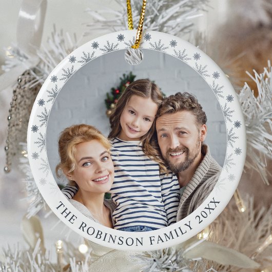 Stilvolle, doppelseitige 2-Foto Silberschneeflocke Keramik Ornament