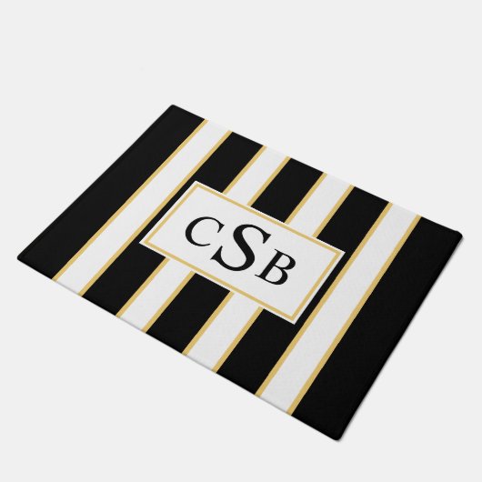 Stilvolle Dreibuchstaben | Schwarz-weißer Streifen Fußmatte (Schrägansicht)