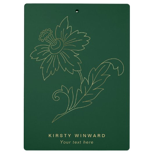 Stilvolle dunkelgrüne und goldene botanische Blume Klemmbrett (Rückseite)