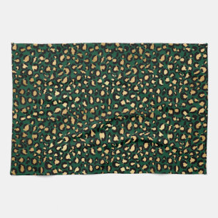 Stilvolle dunkelgrüne und goldene Folien-Leoparden Geschirrtuch