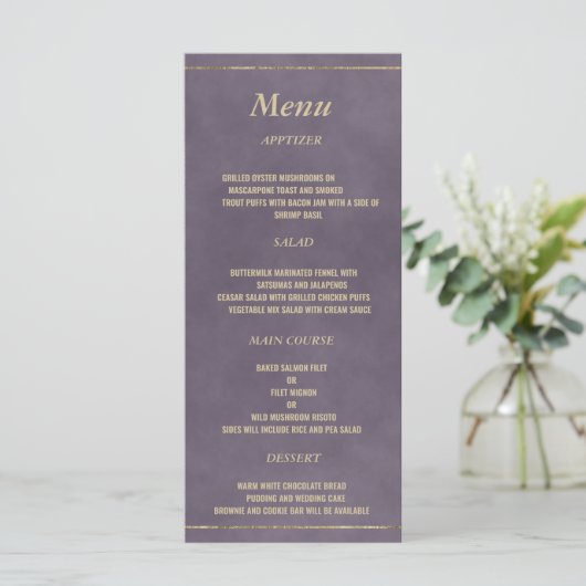 Stilvolle, dunkle Lava lilac gold Wedding Menu Programm (Stehend Vorderseite)