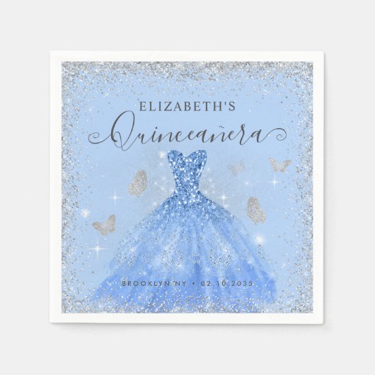 Stilvolle Dusty Blue Silver Glitzer Gown Quinceañe Serviette (Vorderseite)