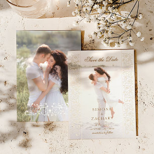 Stilvolle Ecru-Schriftrolle Foto-Hochzeit Save the Date