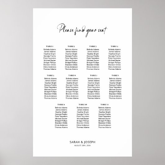 Stilvolle einfache 11 Tisch Hochzeitskarte Poster (Vorne)