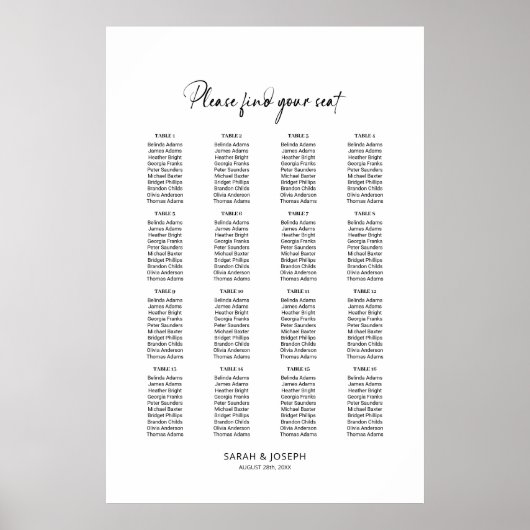 Stilvolle einfache 16 Tisch Hochzeitskarte Poster (Vorne)